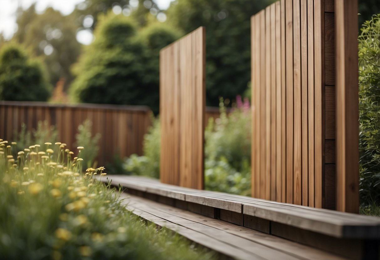 Tall wooden panels stand in a garden, creating a vertical barrier