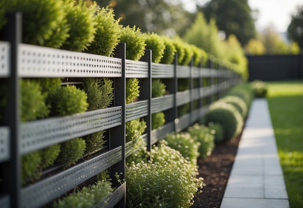 A modern garden with perforated steel panels creating a sleek and stylish boundary