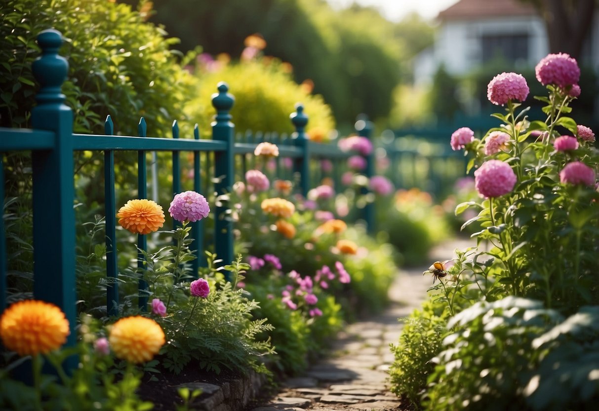 A lush garden with custom painted panels adorning the fences, featuring vibrant flowers, birds, and intricate patterns