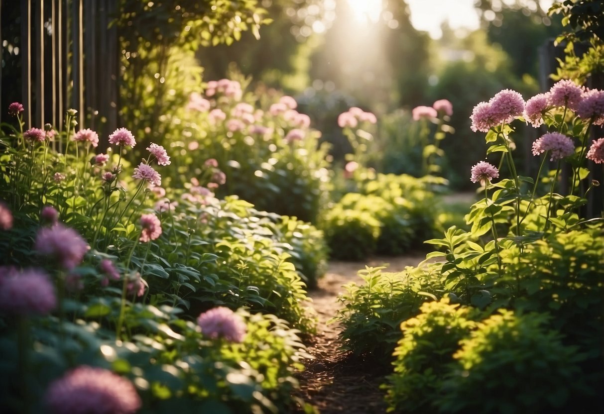 A lush garden with vibrant flowers and greenery, enclosed by decorative garden panels. Sunlight filters through, highlighting the beauty of the plants