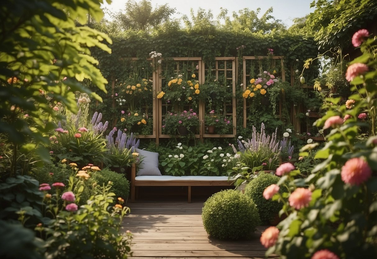 Lush greenery and colorful flowers fill the garden panels, with climbing vines and wooden frames adding a natural touch