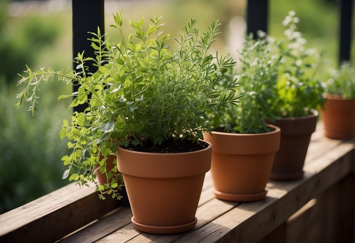 A variety of herbs hang in pots from the railing of a wooden deck, creating a lush and aromatic garden oasis