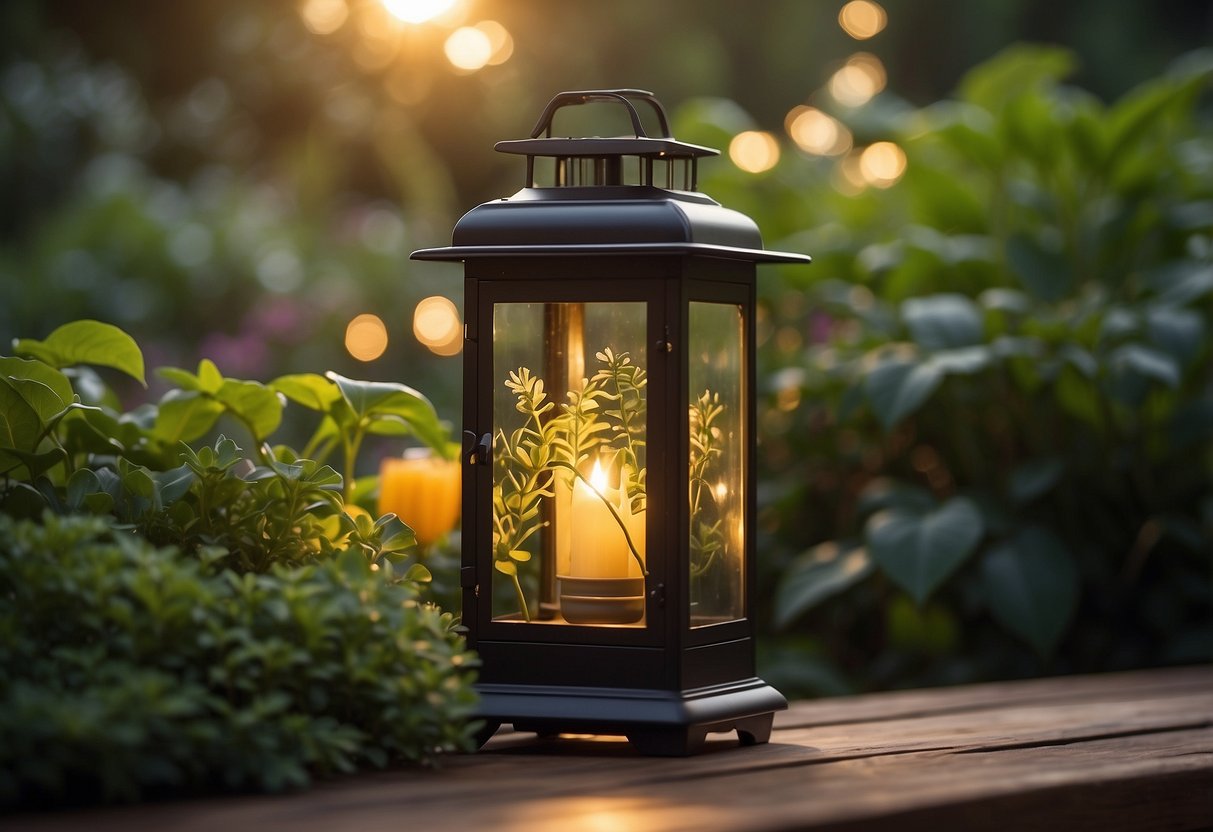 Solar-powered lanterns illuminate a lush garden surrounding a wooden deck, casting a warm glow over the plants and creating a peaceful, inviting atmosphere