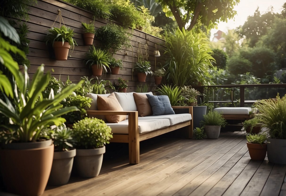 A deck with potted plants, comfortable seating, and integrated lighting, surrounded by lush greenery and a variety of garden features