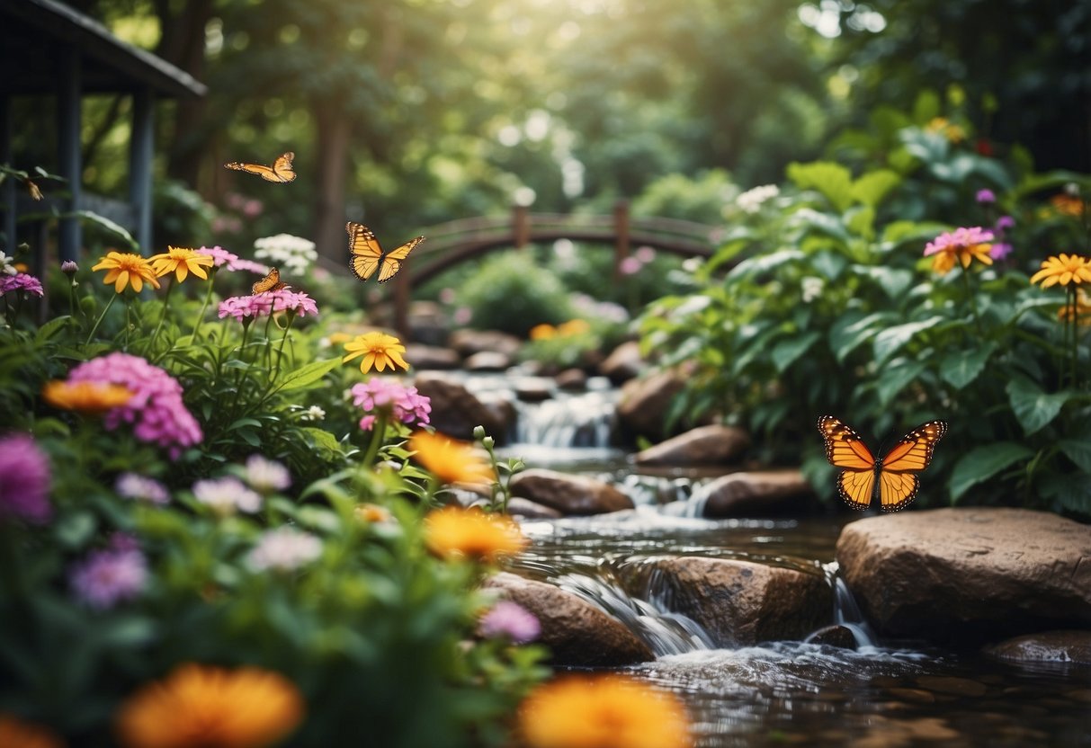 A vibrant butterfly garden with colorful flowers and lush greenery, surrounded by a flowing stream and small footbridges