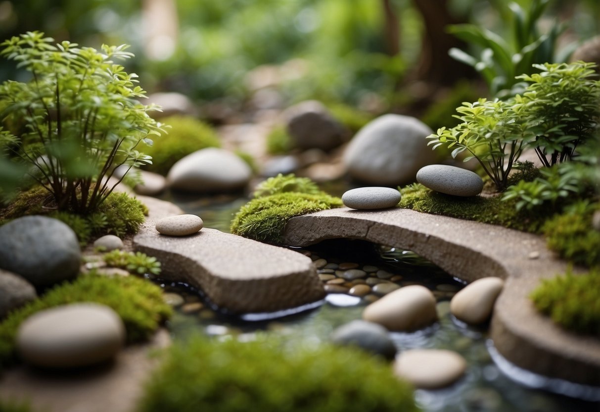 A small Zen garden with rocks, sand, and a miniature bridge surrounded by lush greenery and a tranquil pond