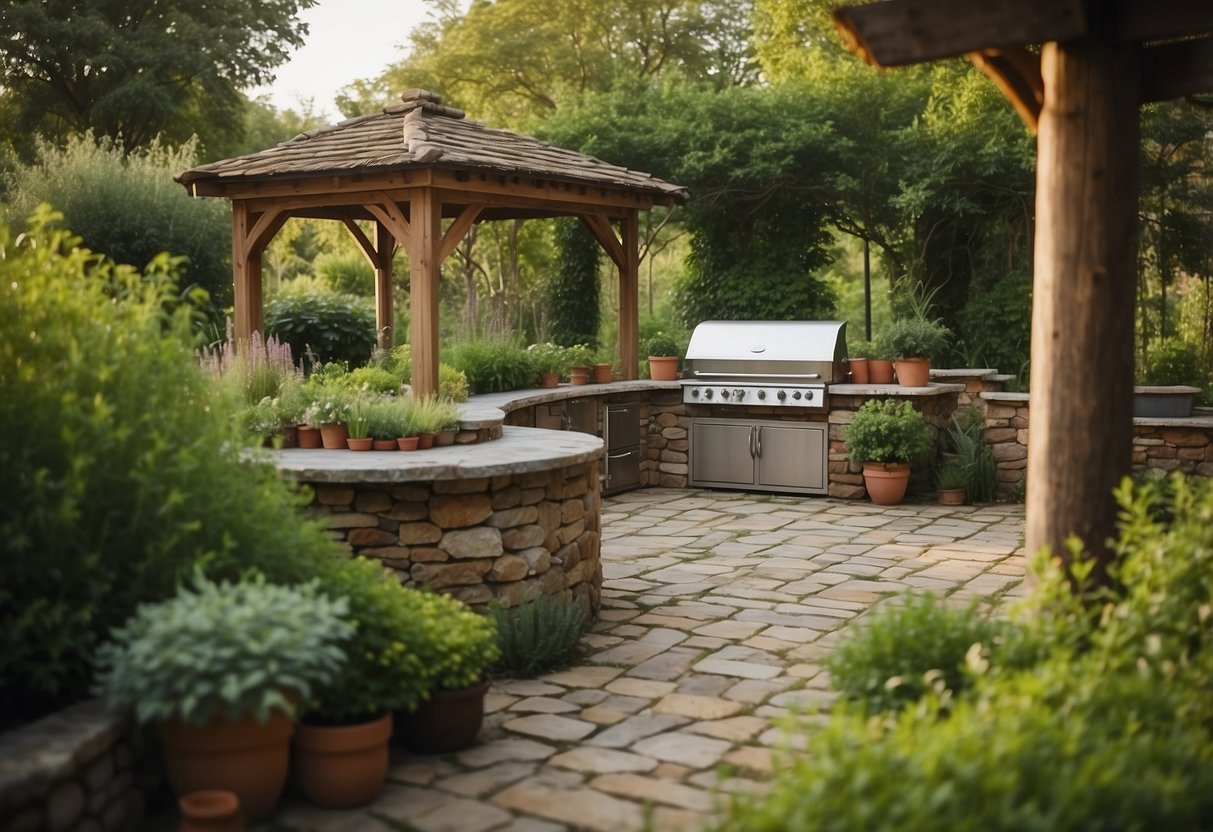 A rustic outdoor kitchen with a charming herb garden island, surrounded by lush greenery and elegant stone pathways