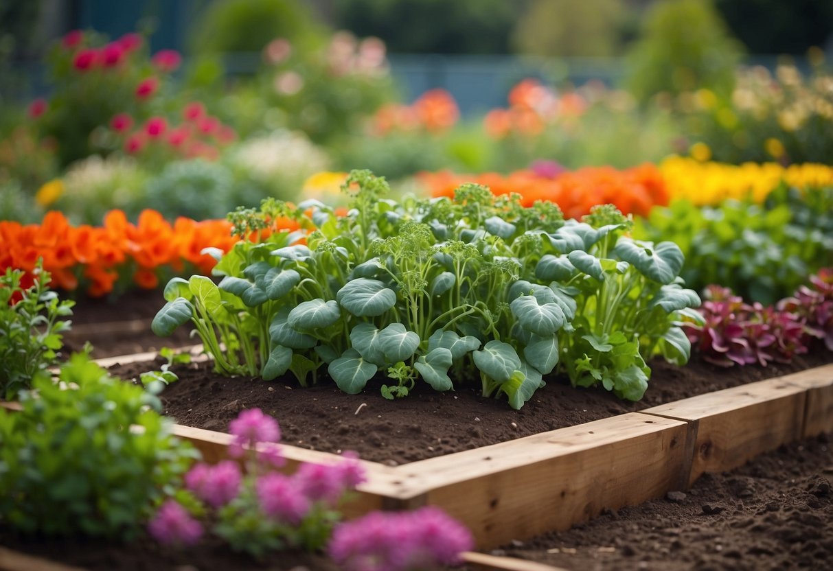 A raised vegetable bed garden island with a variety of vegetables and herbs growing in neat rows, surrounded by a border of colorful flowers and shrubs