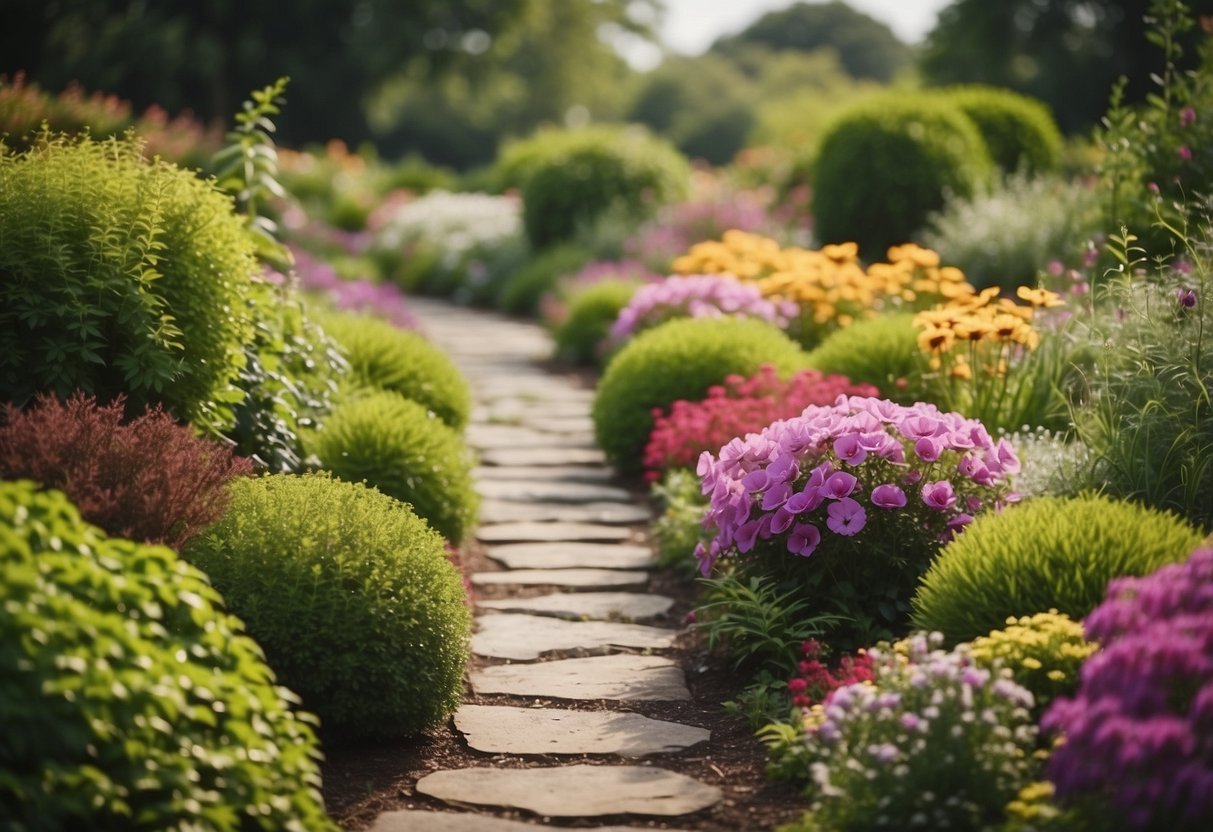 A winding garden path with neatly edged flower beds, leading to a central island of vibrant blooms and lush greenery