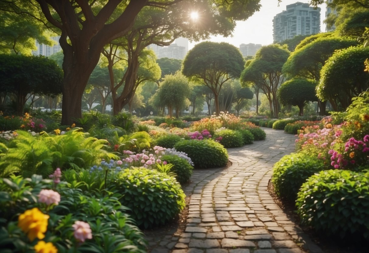 Lush green garden islands surrounded by colorful flowers and well-maintained pathways. A variety of plants and trees are neatly arranged, with clear signs of regular care and attention