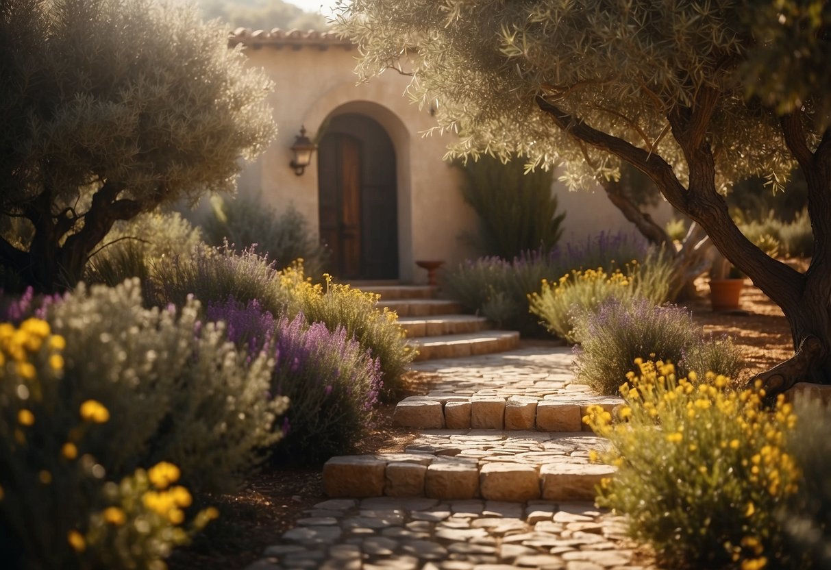 A winding pathway through a lush garden of olive trees, with stone steps and colorful flowers lining the edges. The warm Mediterranean sun casts dappled shadows on the ground