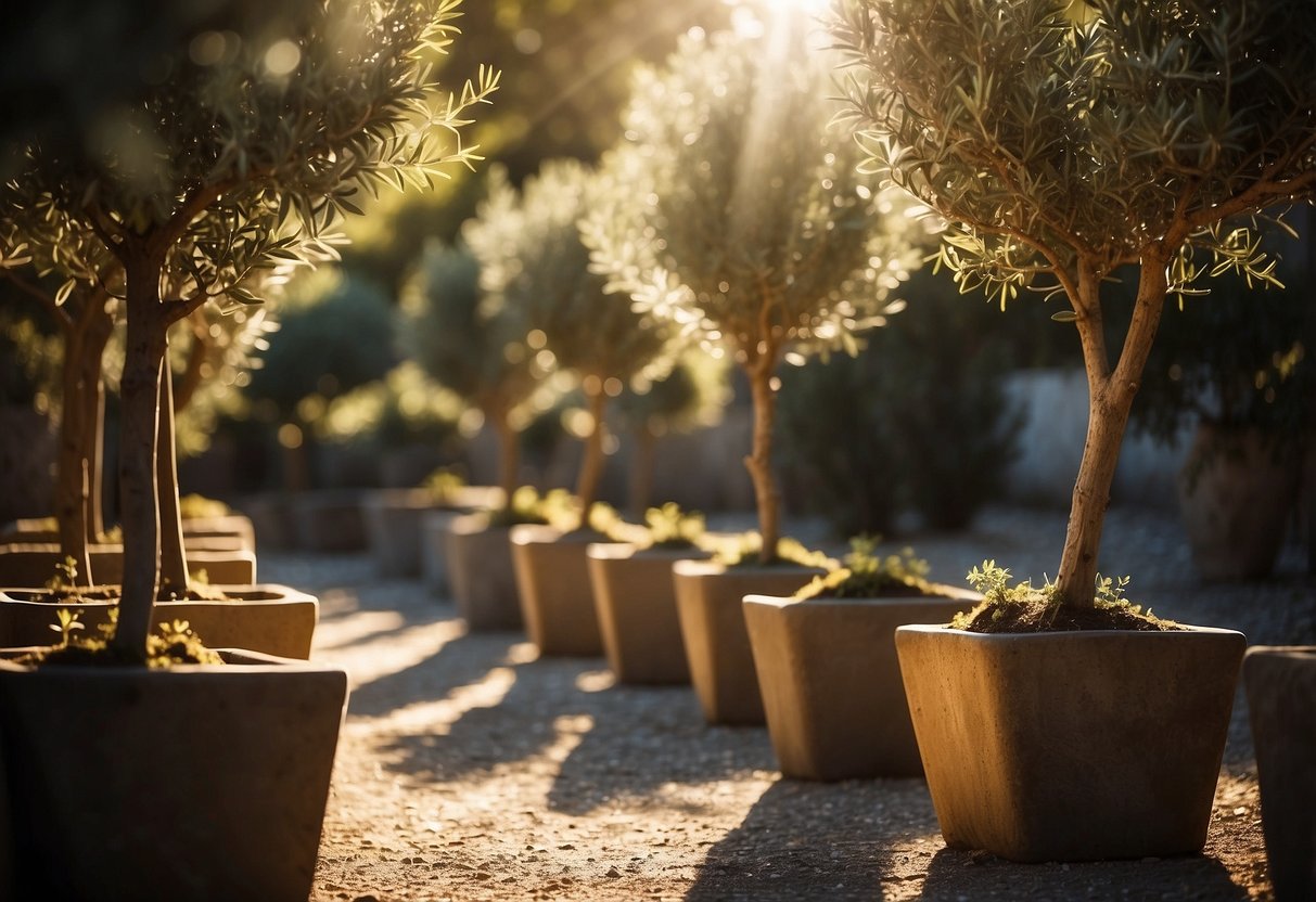 A garden filled with rustic stone planters, each holding a thriving olive tree. The sun casts a warm glow over the scene, creating a tranquil and inviting atmosphere