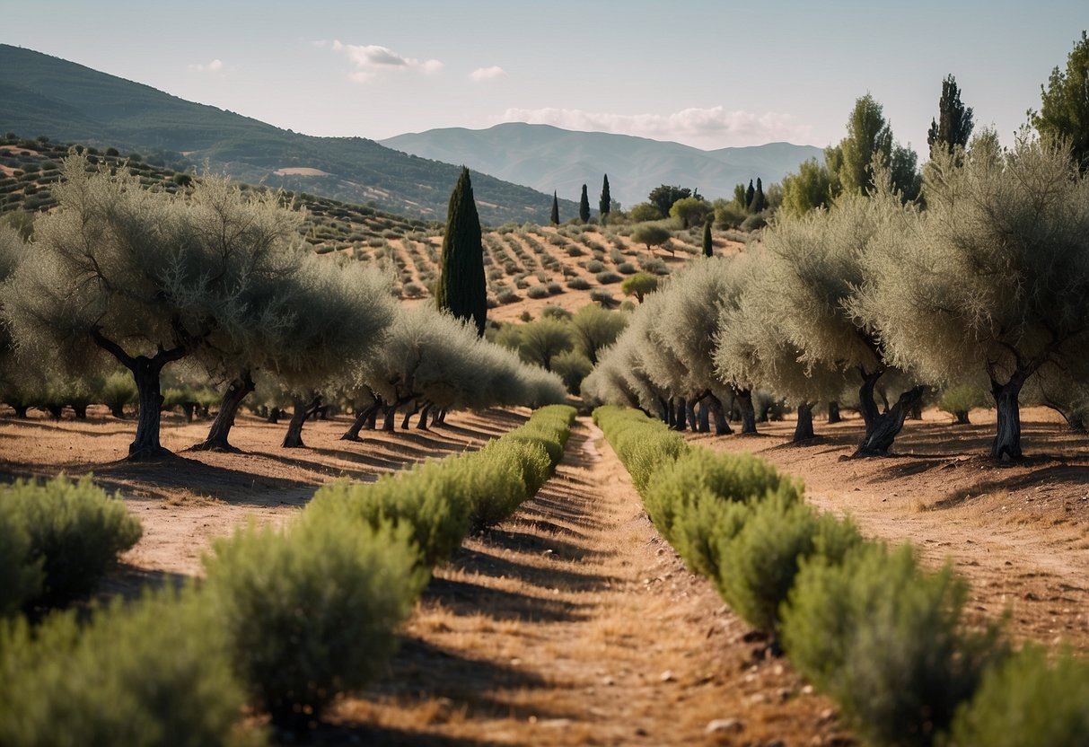 A serene olive grove with neatly spaced trees, clean lines, and simple landscaping. Minimalist design with a focus on natural beauty and tranquility