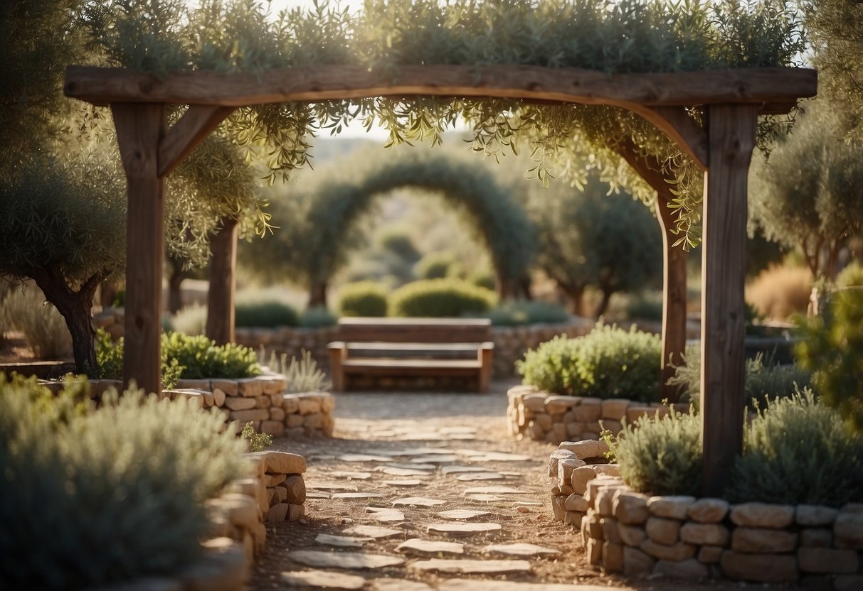 A rustic arbor frames a raised bed garden filled with lush olive trees, creating a serene and picturesque scene