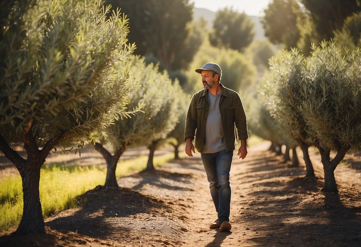 A sunny garden with rows of different olive tree varieties. A person carefully selects and labels each tree. The scene is peaceful and inviting