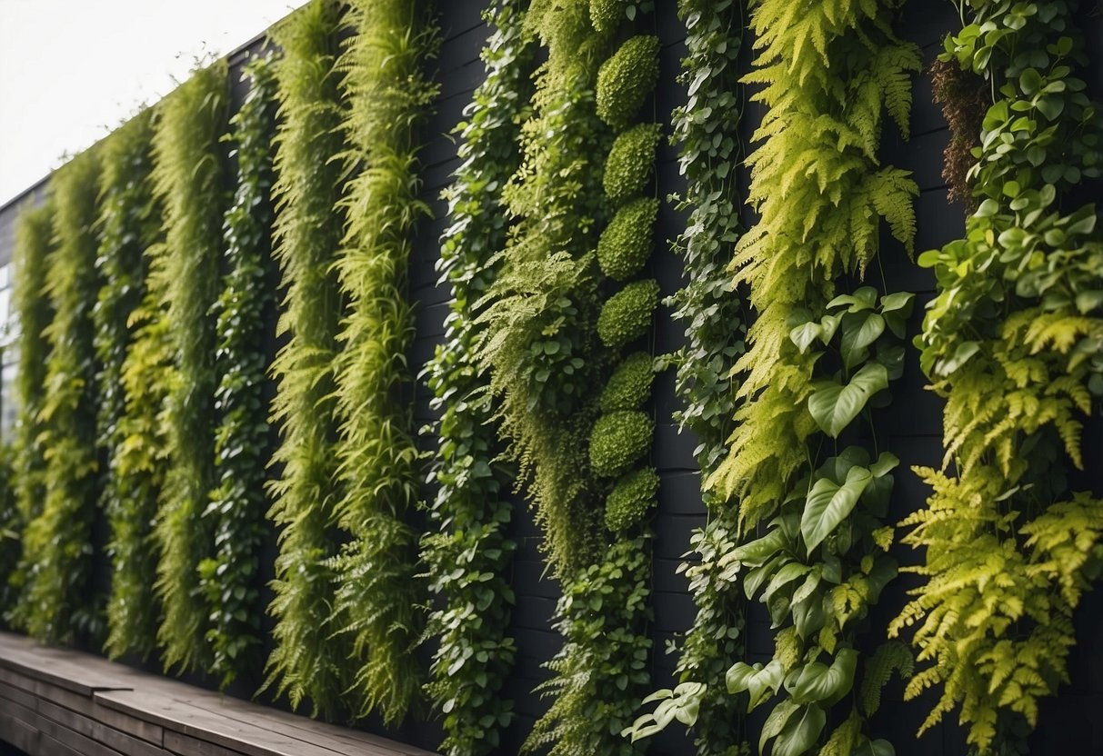 Lush green plants cascade down a series of vertical garden planters, creating a vibrant and natural backdrop in an Irish backyard