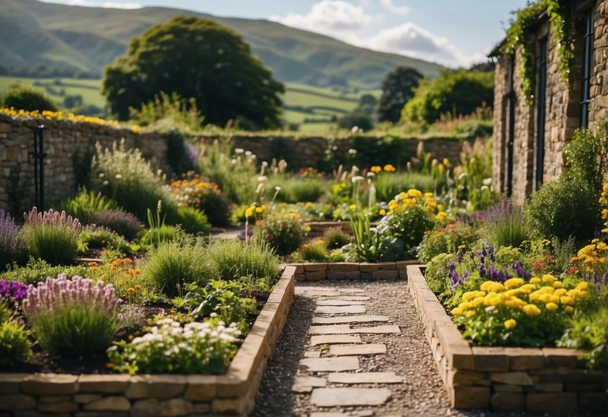 Lush green garden with raised vegetable beds, surrounded by stone pathways and colorful flowers, set against a backdrop of rolling hills and a charming Irish countryside