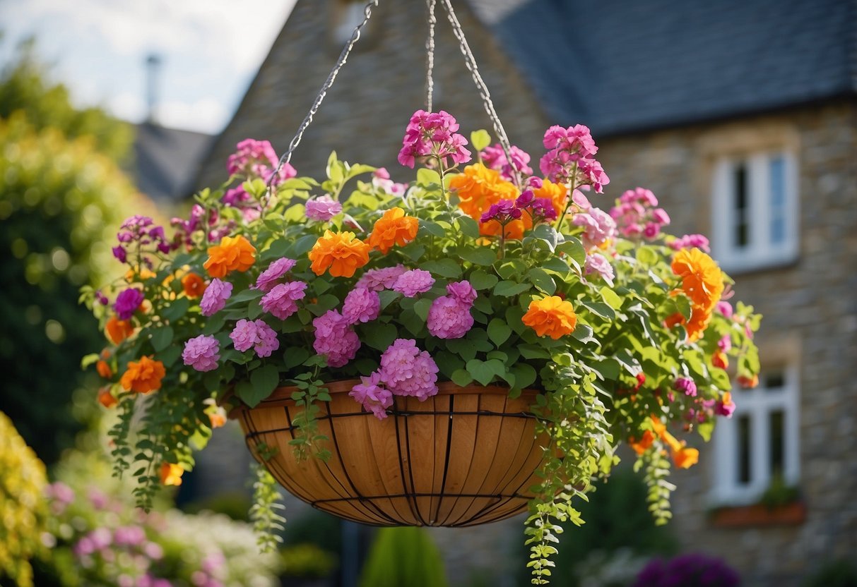 Colorful hanging baskets with blooming flowers adorn a lush garden in Ireland, creating a vibrant and inviting outdoor space