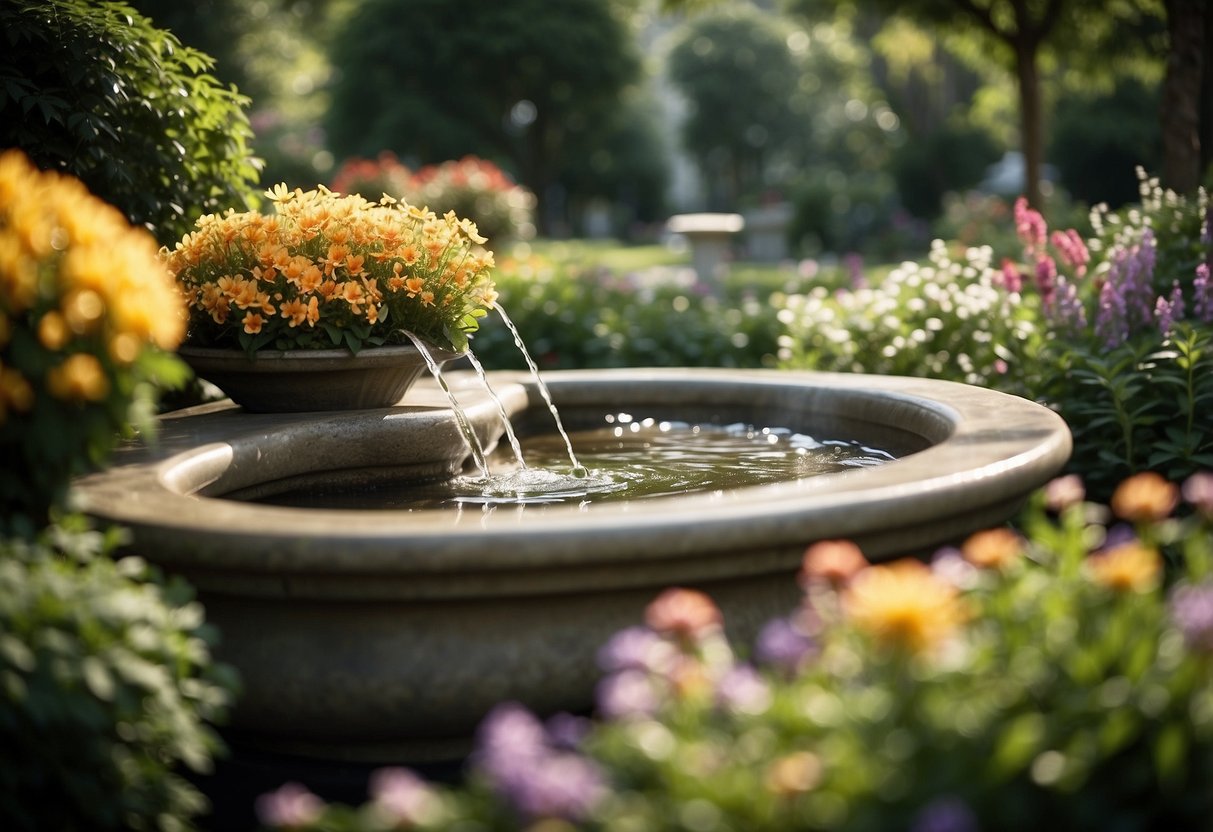 A tranquil garden with a bubbling water fountain surrounded by lush greenery and colorful flowers, creating a peaceful and serene atmosphere