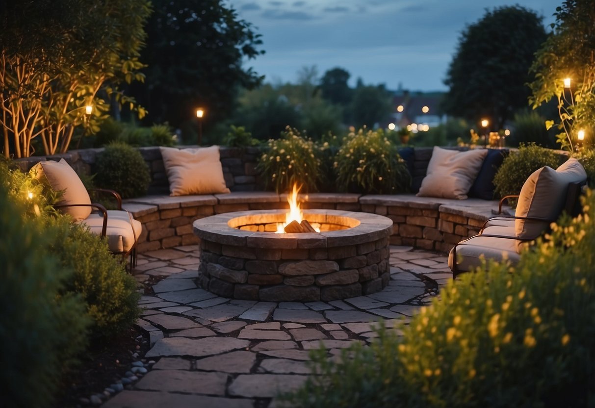 A cozy outdoor fire pit surrounded by lush greenery and stone seating, under the evening sky in an Irish garden