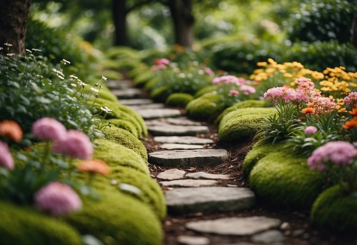 A mossy stone pathway winds through a lush garden, surrounded by vibrant greenery and colorful blooms, evoking a sense of tranquility and natural beauty