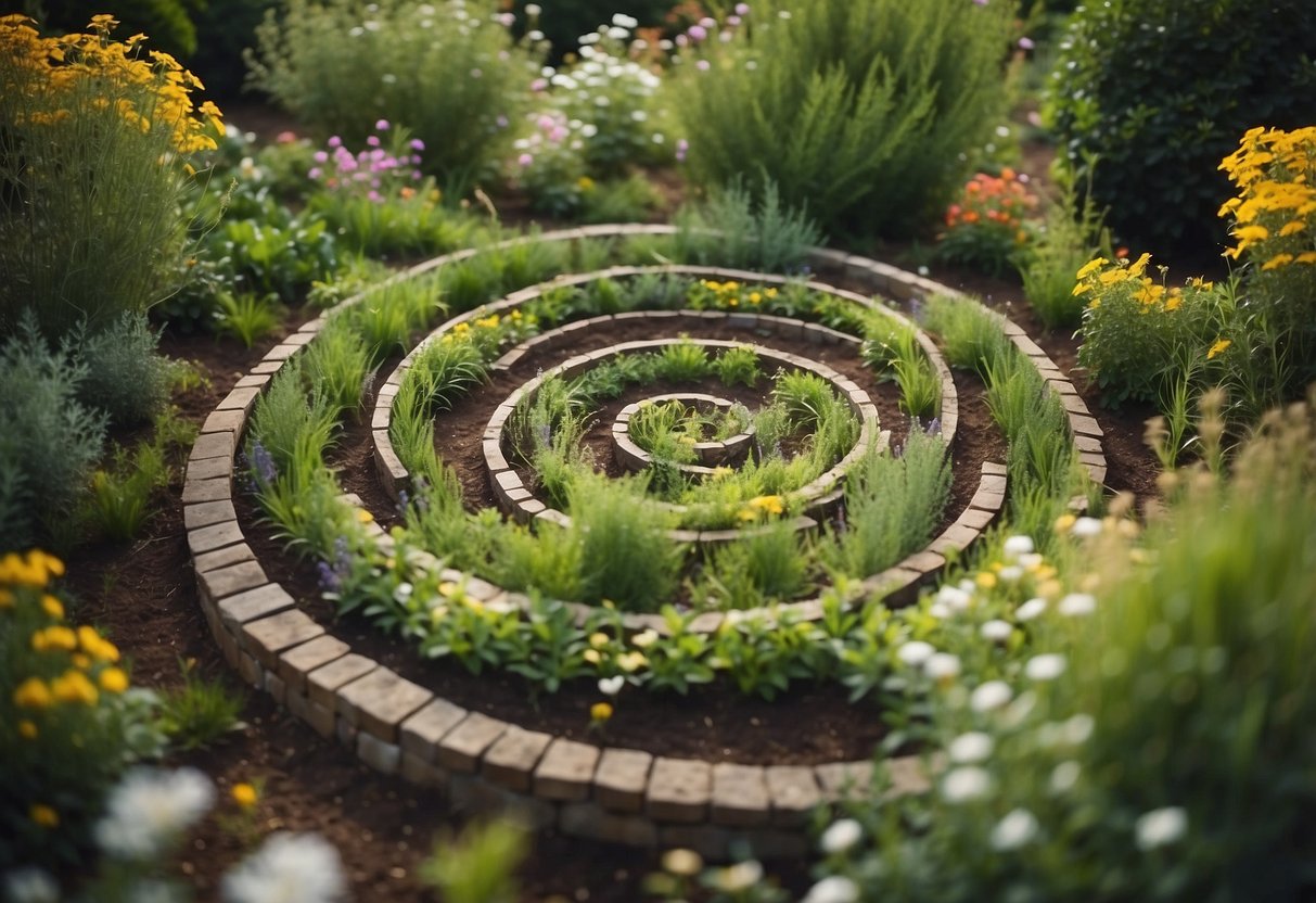 A herb spiral garden in an Irish back garden, with a variety of herbs arranged in a spiral pattern, surrounded by lush greenery and colorful flowers