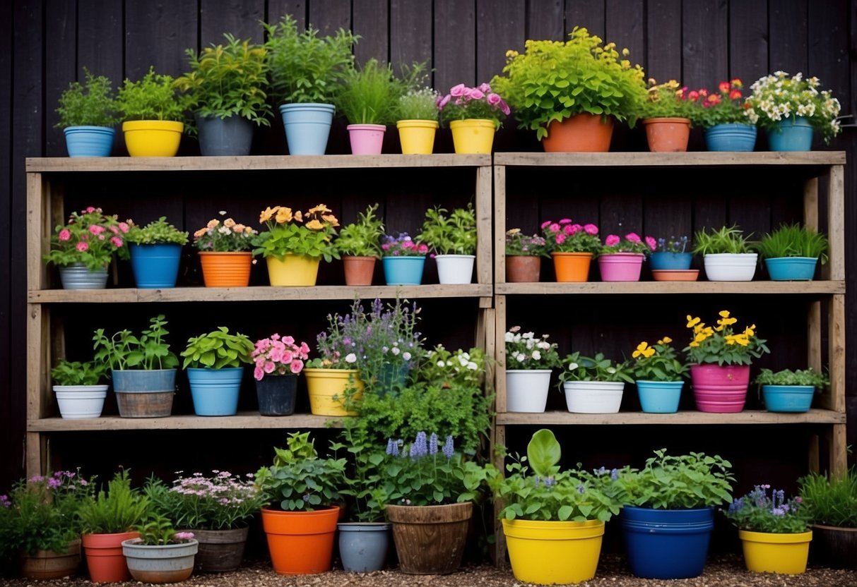 A backyard garden in Ireland with various recycled planters, such as old tires, wooden crates, and tin cans, filled with vibrant flowers and greenery