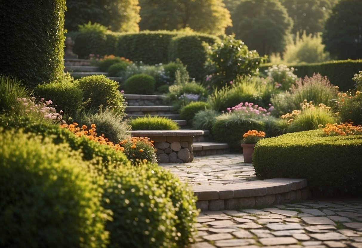 A lush green garden with a winding stone path, a variety of colorful flowers, and a cozy seating area surrounded by tall hedges