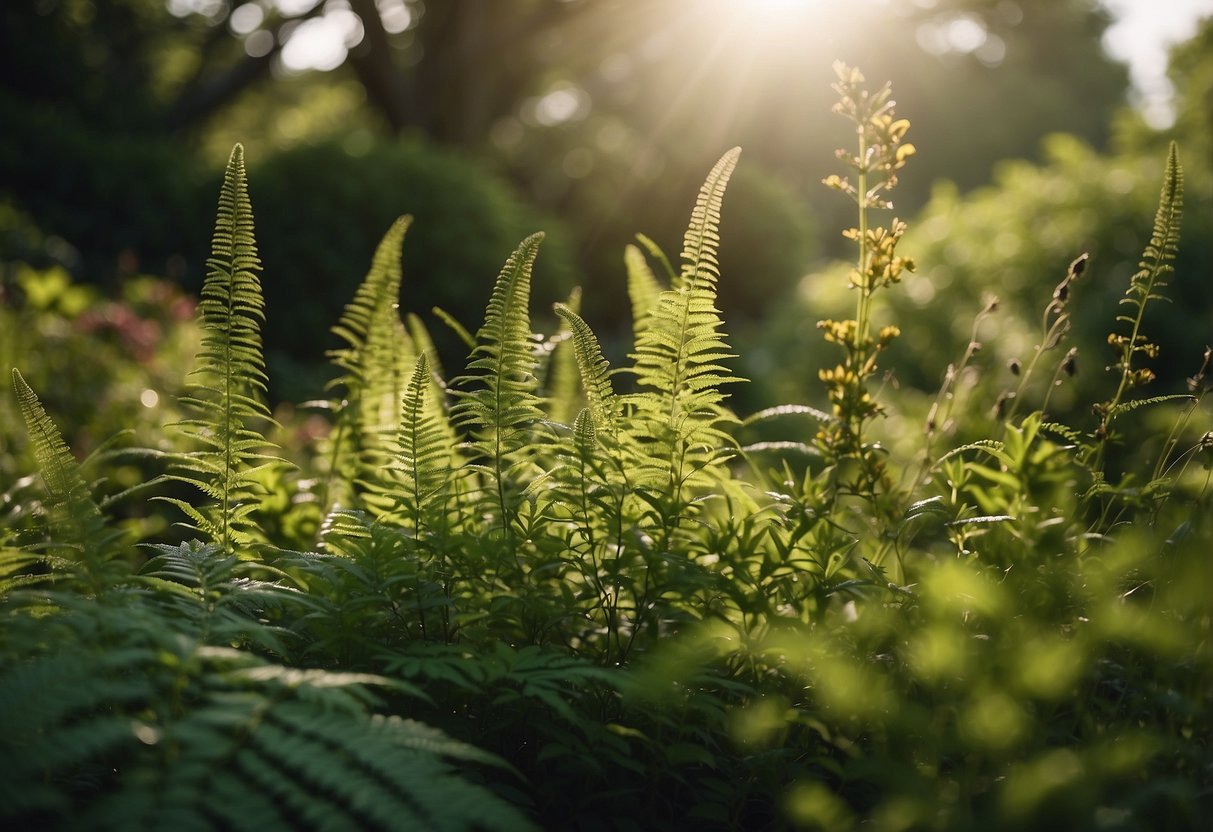 Lush green garden with native Irish plants thriving in the sunlight. A mix of wildflowers, ferns, and grasses create a natural and vibrant landscape