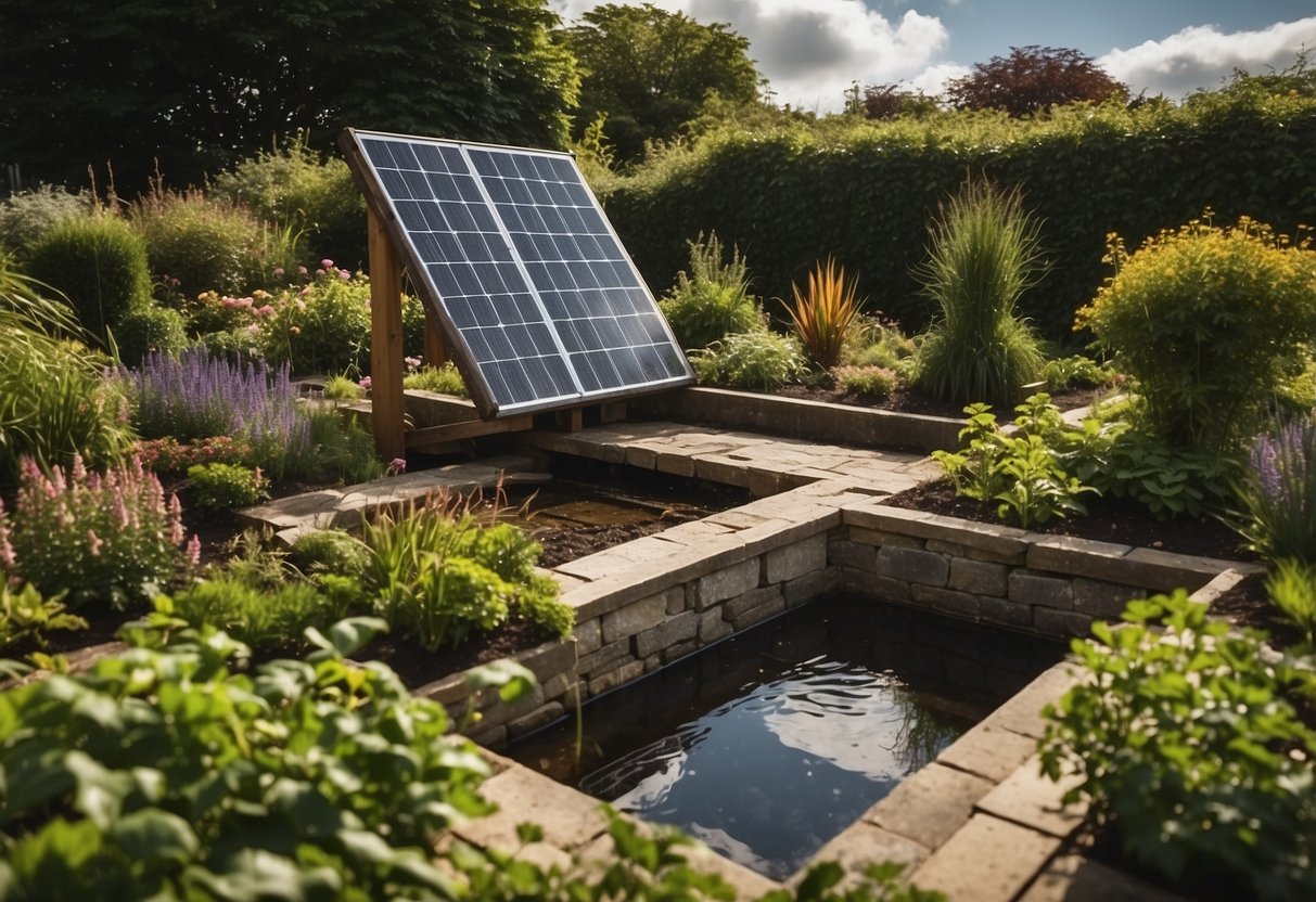 A lush garden in Ireland with compost bins, rainwater harvesting system, and native plantings. A solar-powered water feature adds a touch of sustainability