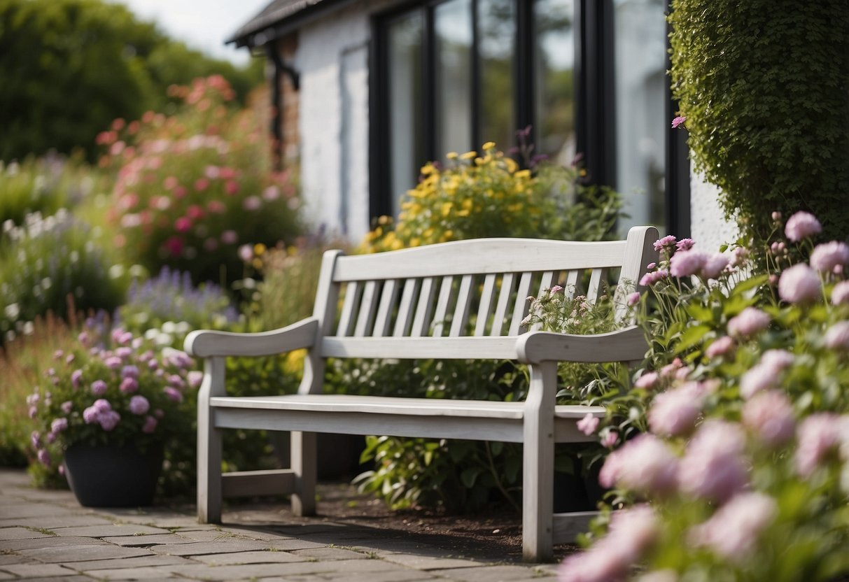 A charming garden bench sits among blooming flowers in a small front garden, creating a cozy and inviting space in Ireland