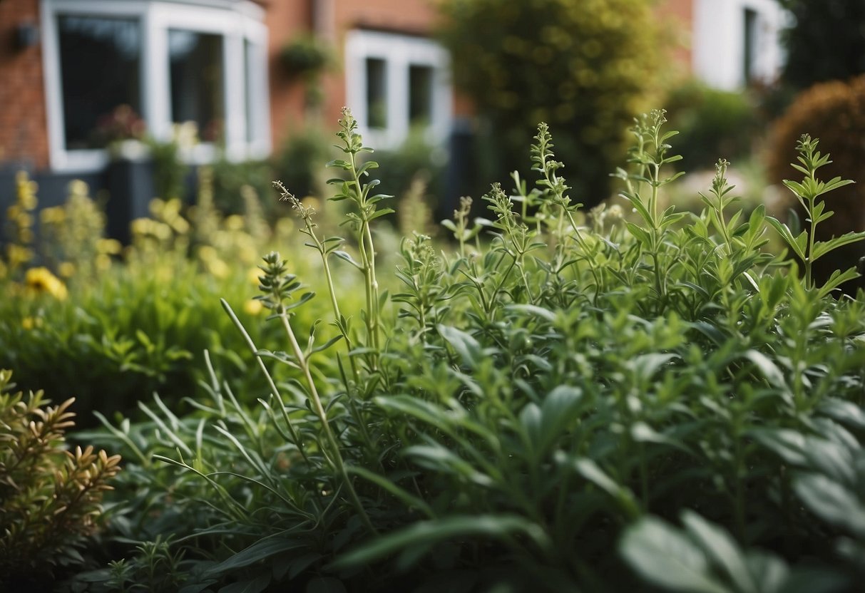 Lush green herbs grow in a small front garden in Ireland, surrounded by low-maintenance plants