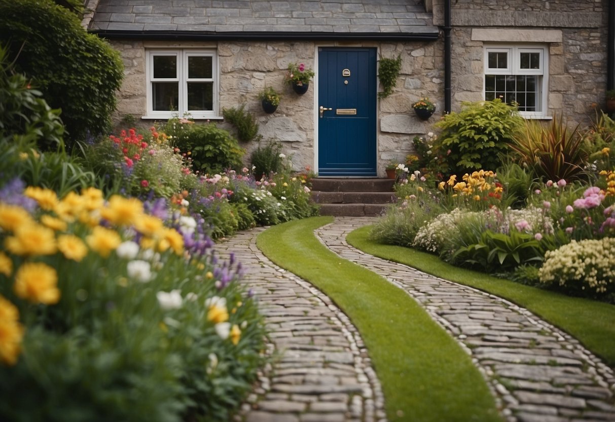 A quaint front garden in Ireland features stepping stones for pathways, surrounded by vibrant flowers and lush greenery