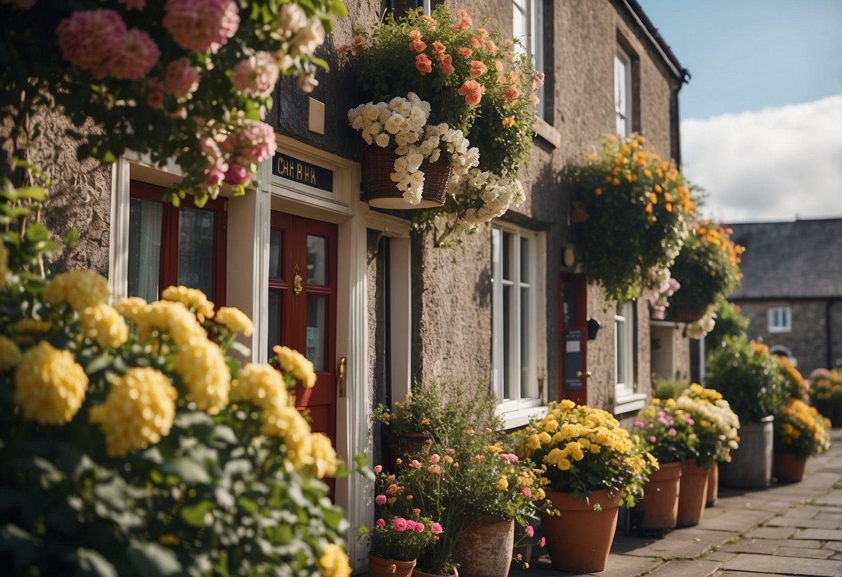 A quaint front garden in Ireland with hanging flower baskets adorning the entrance, adding a touch of charm and color to the small space