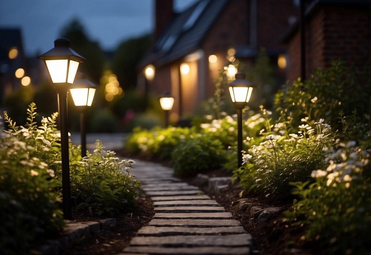 A small front garden in Ireland is illuminated by solar-powered garden lights, casting a warm glow on the surrounding plants and pathways