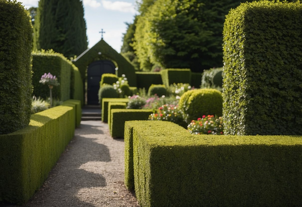 A small front garden in Ireland is enclosed by a lush, dense boxwood hedge, providing privacy and a sense of seclusion. The hedge is neatly trimmed and surrounds the garden with vibrant green foliage