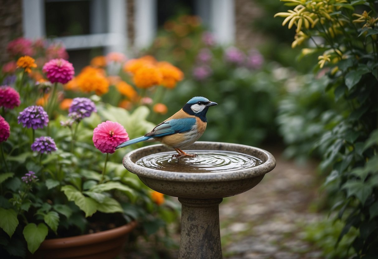 A bird bath sits in a small front garden in Ireland, surrounded by colorful flowers and lush greenery