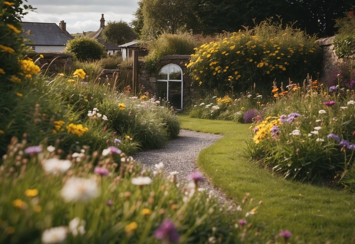 A small front garden in Ireland with native Irish wildflowers in full bloom