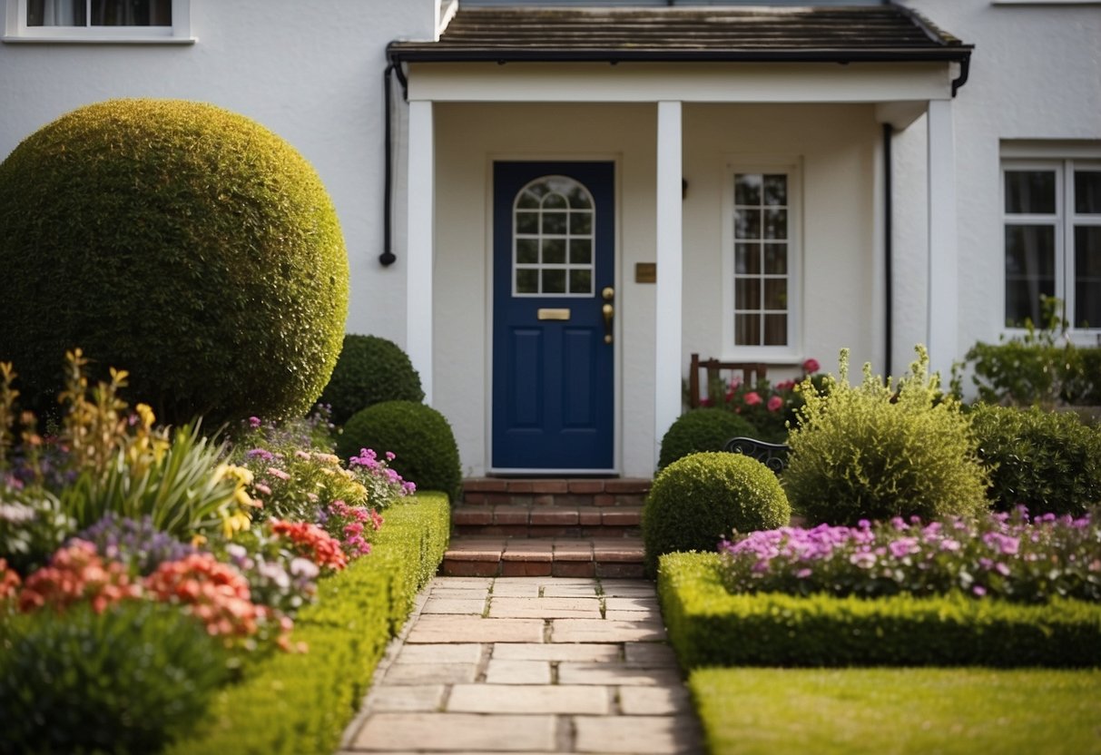 A small front garden with a mix of colorful flowers, neatly trimmed hedges, and a winding pathway leading to the front door. A small bench or seating area adds a cozy touch