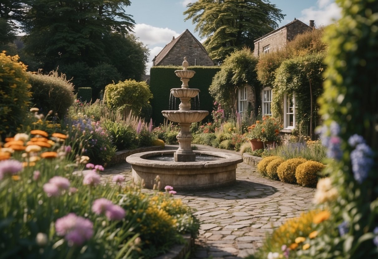 A quaint front garden in Ireland with colorful flowers, winding pathways, and a charming stone fountain