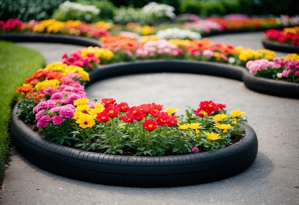 Vibrant tire flower beds arranged in a circular pattern, filled with colorful blooms and surrounded by lush greenery