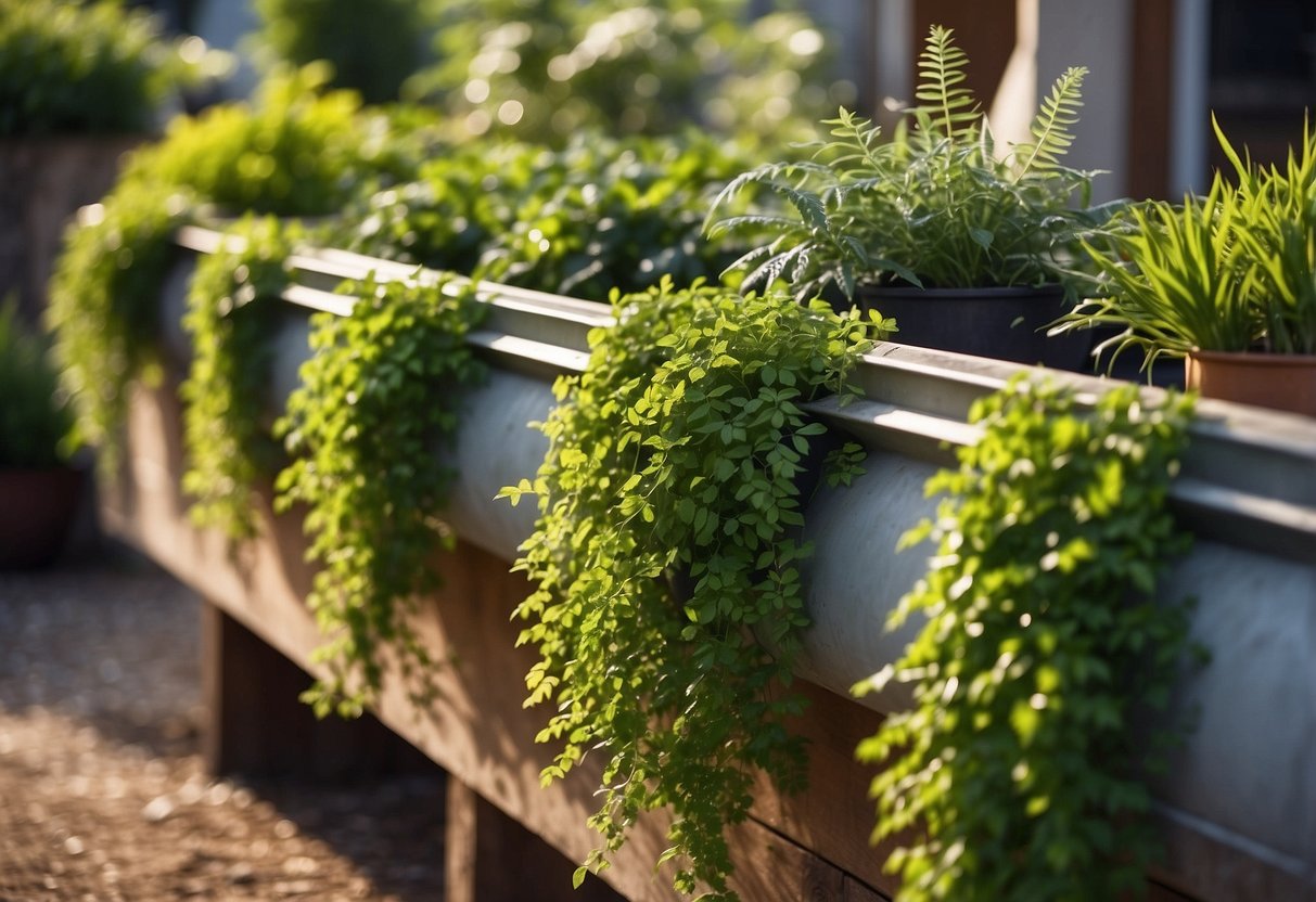 Lush green plants cascading from repurposed gutter planters, adorning a rustic outdoor space