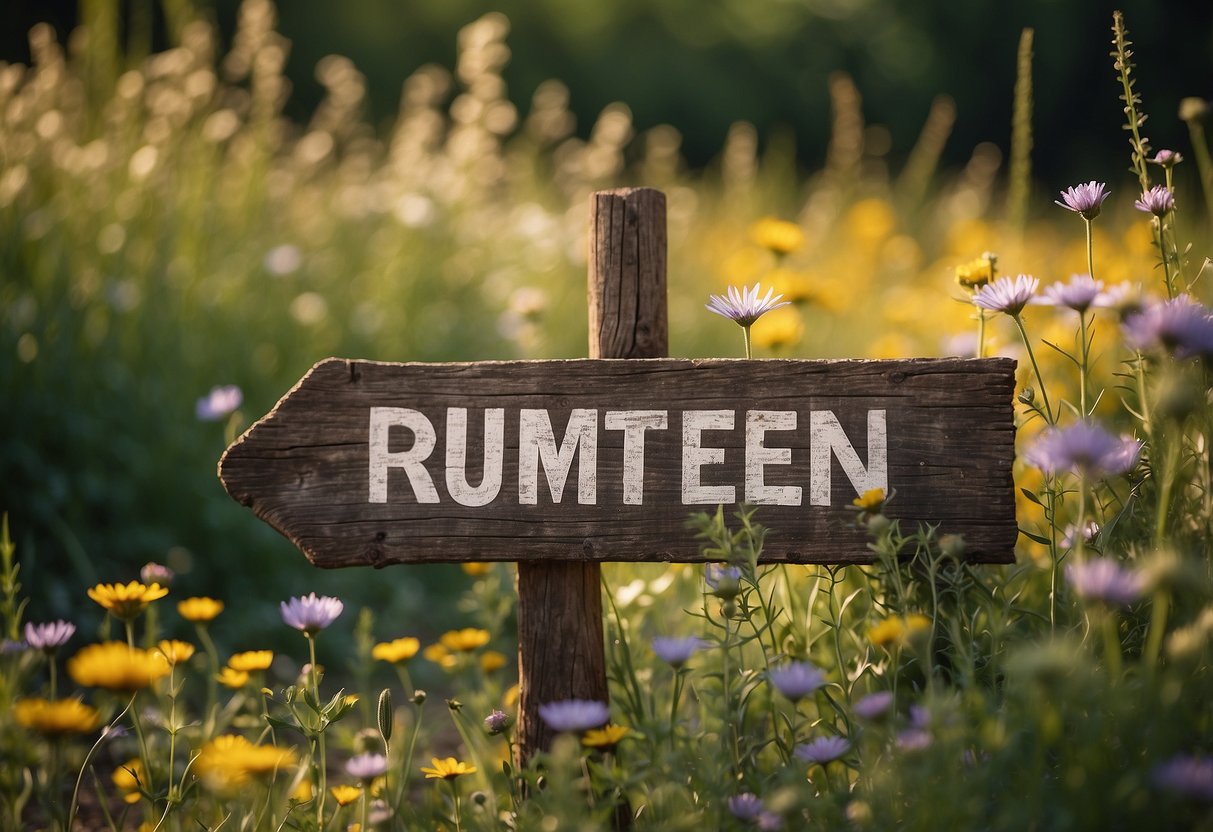 A weathered wooden sign stands among wildflowers and herbs, with "Rustic Garden" painted on it. Nearby, a DIY garden project takes shape with recycled materials