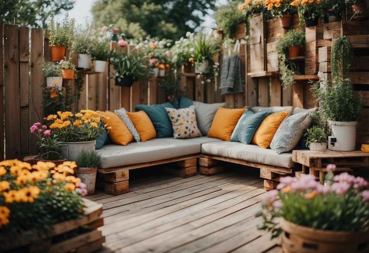 A cozy pallet garden seating area with vibrant flowers and greenery, surrounded by DIY projects and fun decor