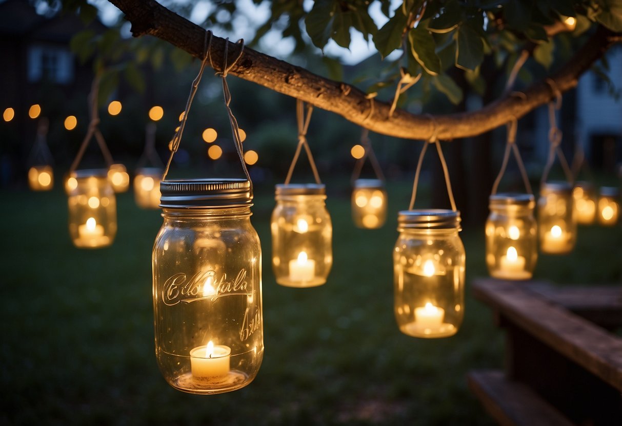 A backyard garden filled with mason jar lanterns hanging from trees and fences, casting a warm and inviting glow