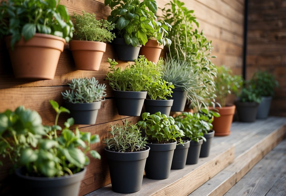 A vertical herb garden hangs on a sunny wall, with pots of basil, rosemary, and mint. Bright colors and a variety of textures create a lively and inviting display