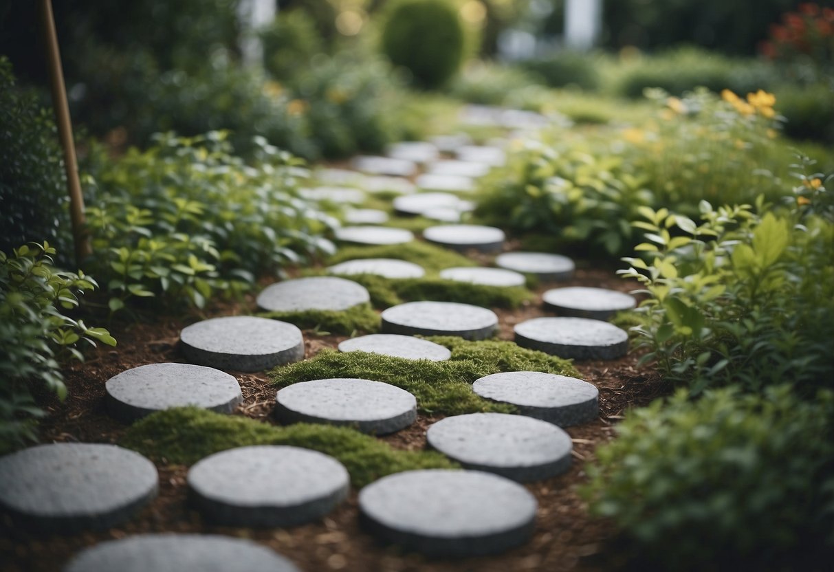 A garden with leaf-shaped concrete stepping stones, surrounded by greenery. DIY project with a fun and inexpensive design