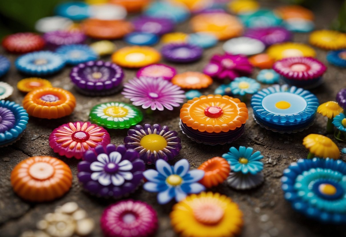 A colorful array of bottle cap flowers arranged in a garden, with various sizes and colors creating a fun and vibrant DIY art project