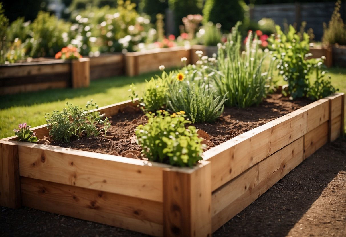 A raised bed filled with scrap wood, showcasing a variety of garden ideas. The scene is a representation of cheap, easy DIY projects and exudes a sense of fun