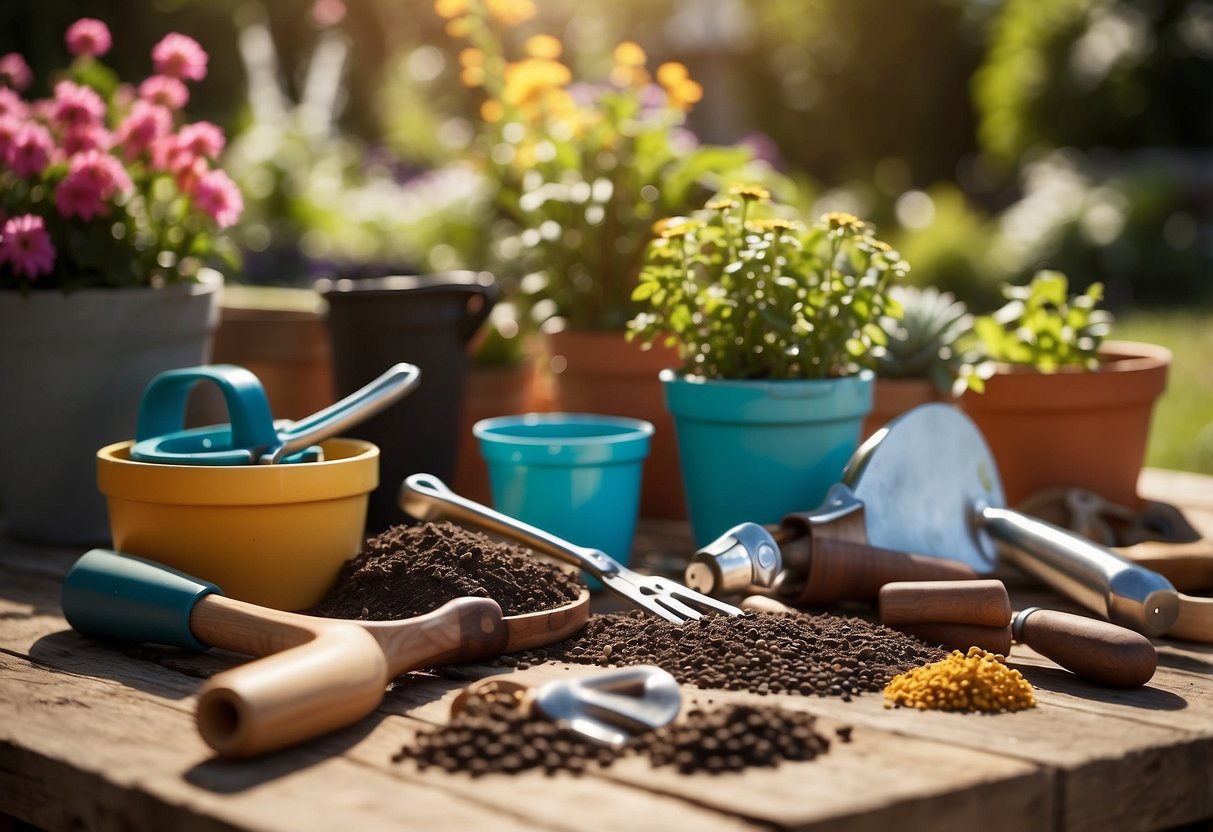 A colorful array of gardening tools and materials scattered around a sunny backyard, with pots, soil, seeds, and DIY project ideas displayed